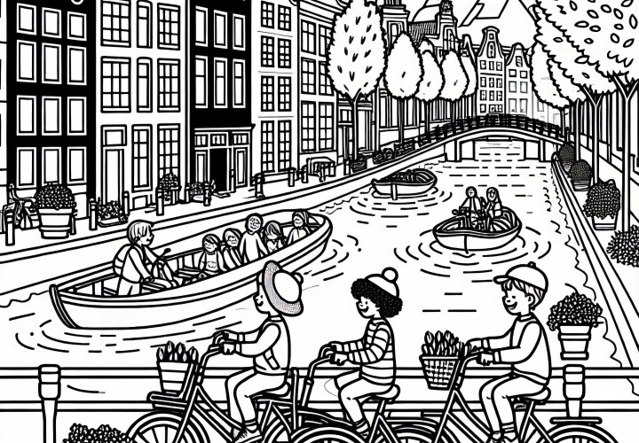 Kinder auf Fahrrädern fahren entlang der Grachten in Amsterdam – Ausmalbild kostenlos Kinder auf Fahrrädern fahren entlang der Grachten in Amsterdam – Ausmalbild kostenlos