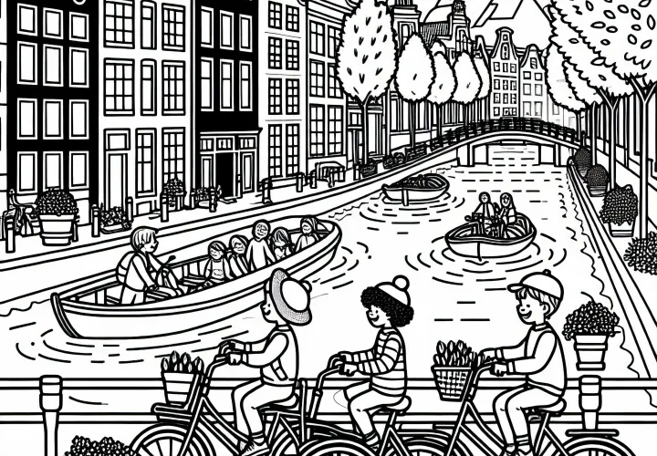 Anak-anak di sepeda melintasi kanal di Amsterdam - Gambar untuk diwarnai gratis