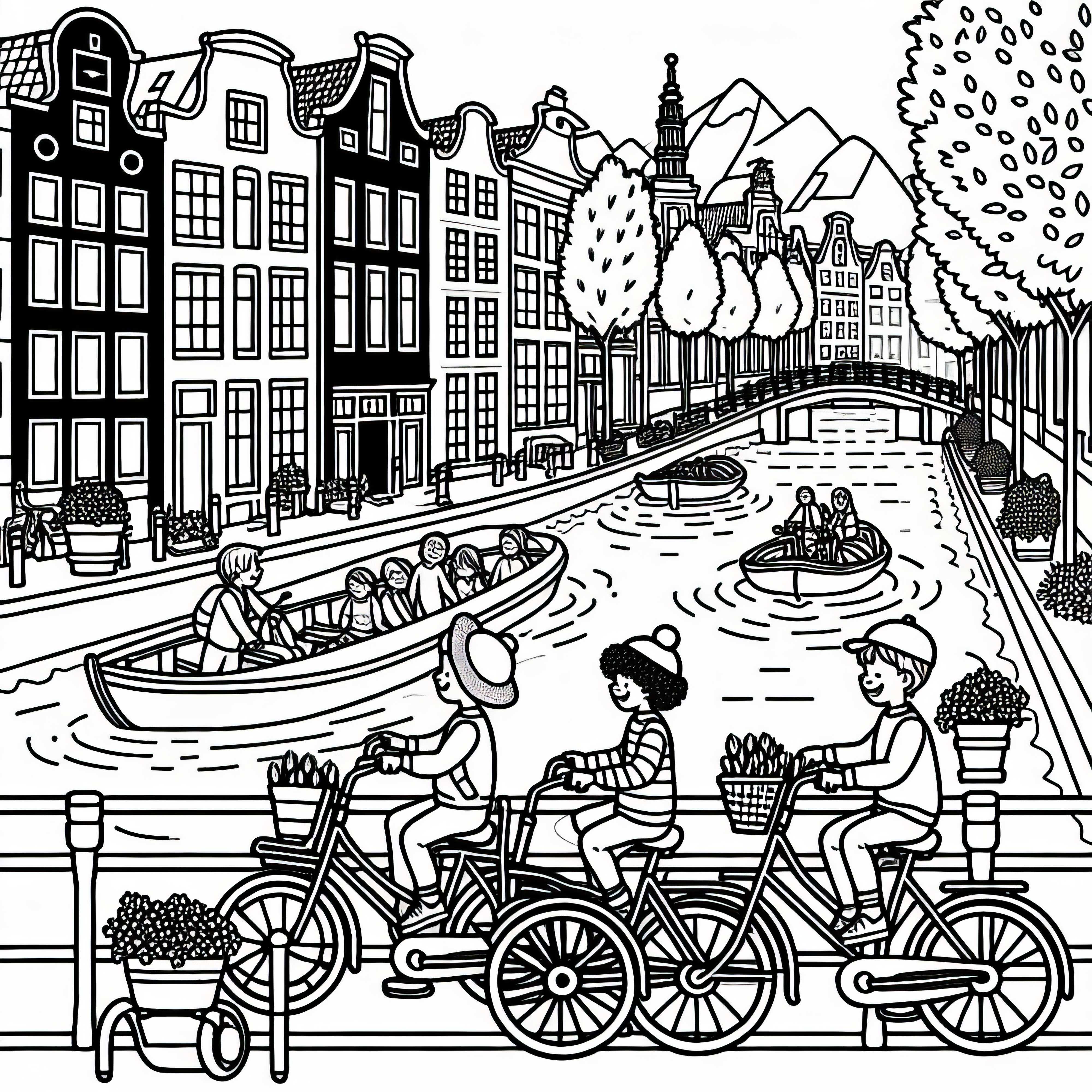 Kinder auf Fahrrädern fahren entlang der Grachten in Amsterdam – Ausmalbild kostenlos