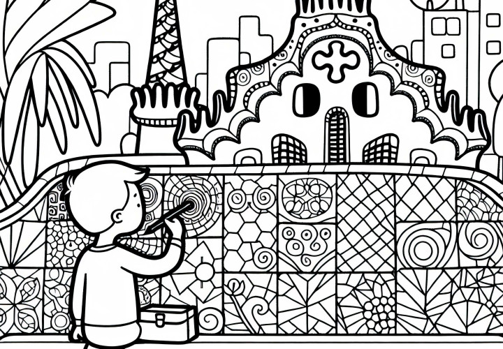 Barcelona Kind im Park Güell in Barcelona zeichnet Mosaik Ausmalbild kostenlos Barcelona Kind im Park Güell in Barcelona zeichnet Mosaik Ausmalbild kostenlos