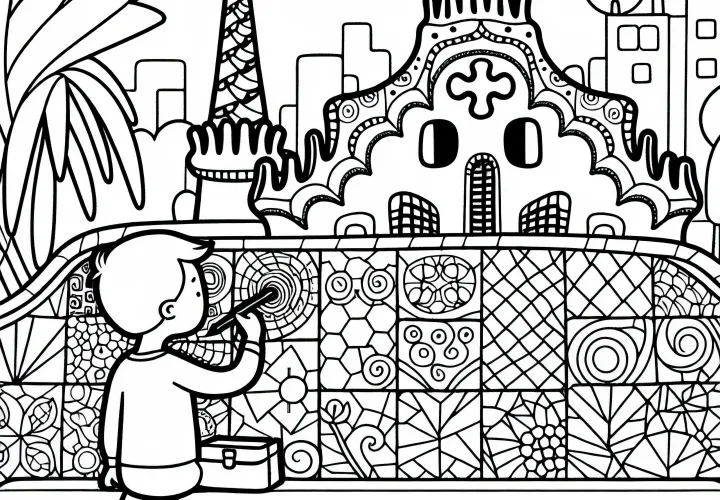 Barcelona Anak di Taman Güell di Barcelona menggambar gambar pewarnaan mozaik gratis