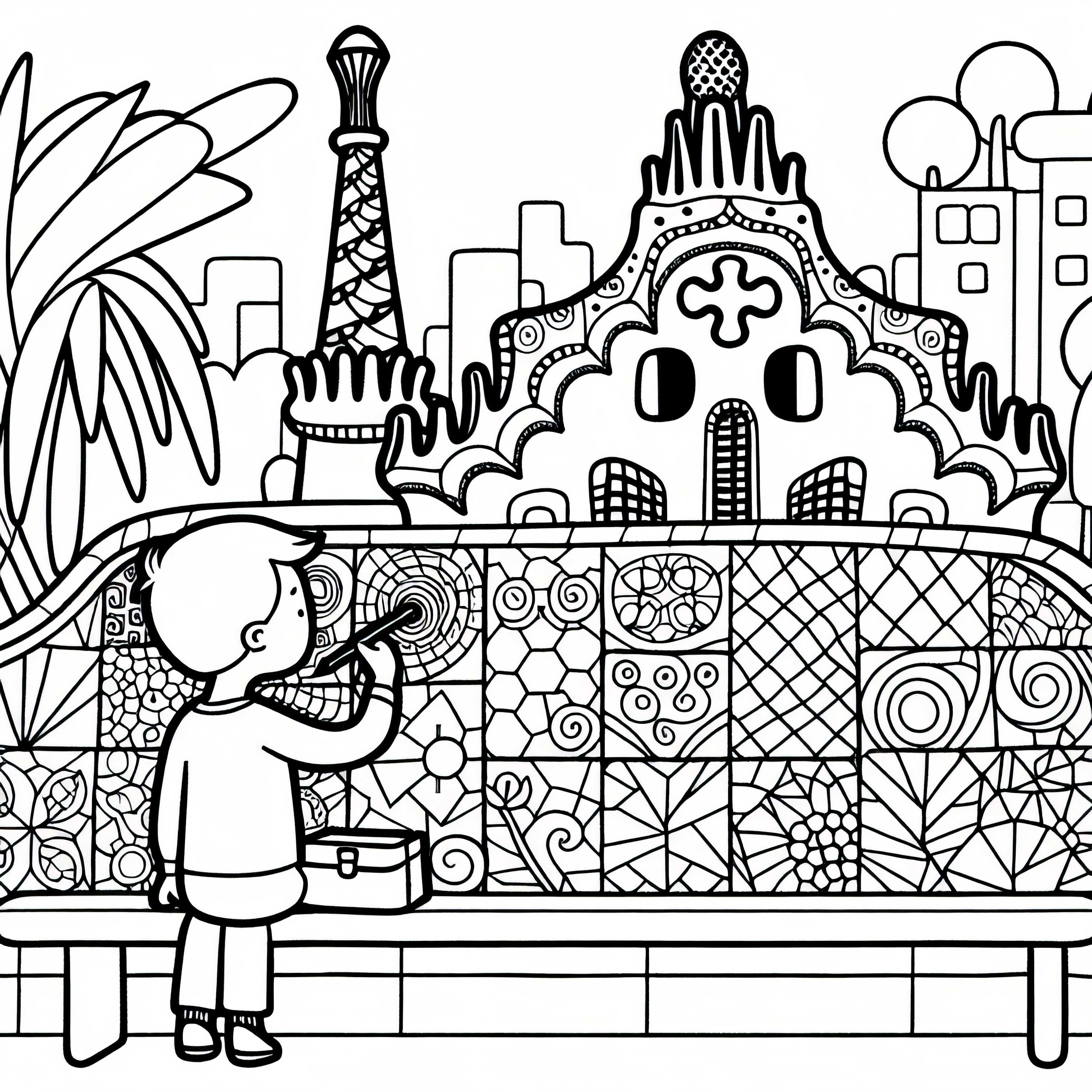 Barcelona Kind im Park Güell in Barcelona zeichnet Mosaik Ausmalbild kostenlos