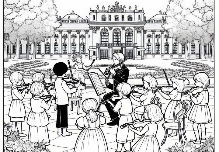 Wien: Kleines Orchester spielt im Schlossgarten - Malvorlage gratis Wien: Kleines Orchester spielt im Schlossgarten - Malvorlage gratis