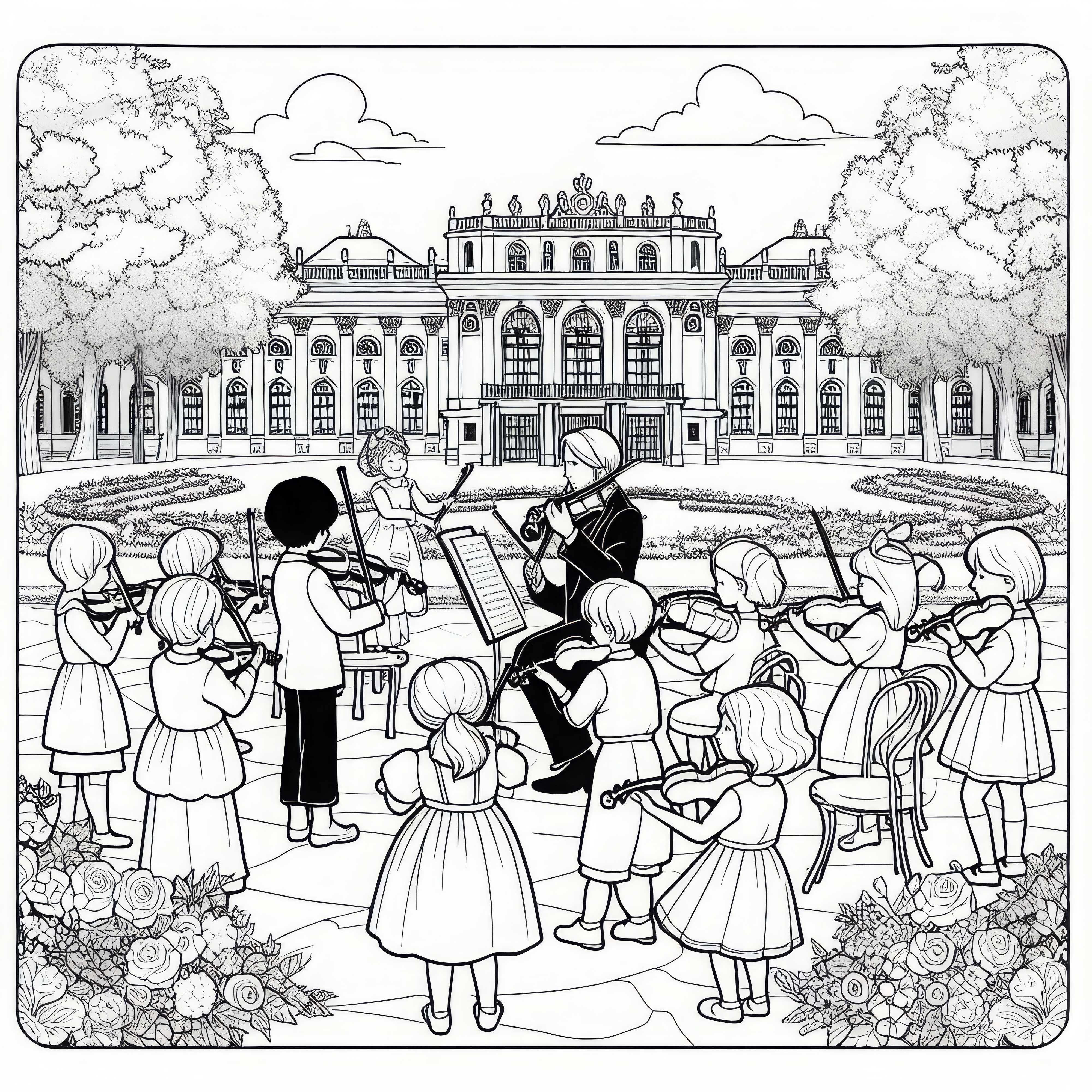 Wien: Kleines Orchester spielt im Schlossgarten - Malvorlage gratis
