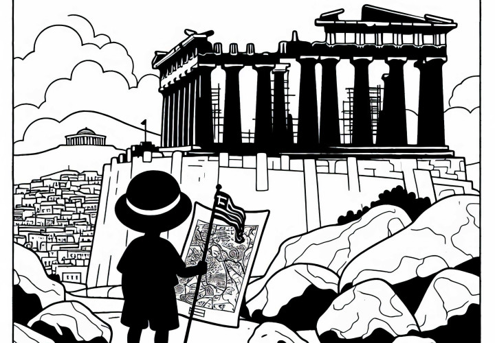 Athen: Kind betrachtet die Akropolis - Malvorlage gratis Athen: Kind betrachtet die Akropolis - Malvorlage gratis