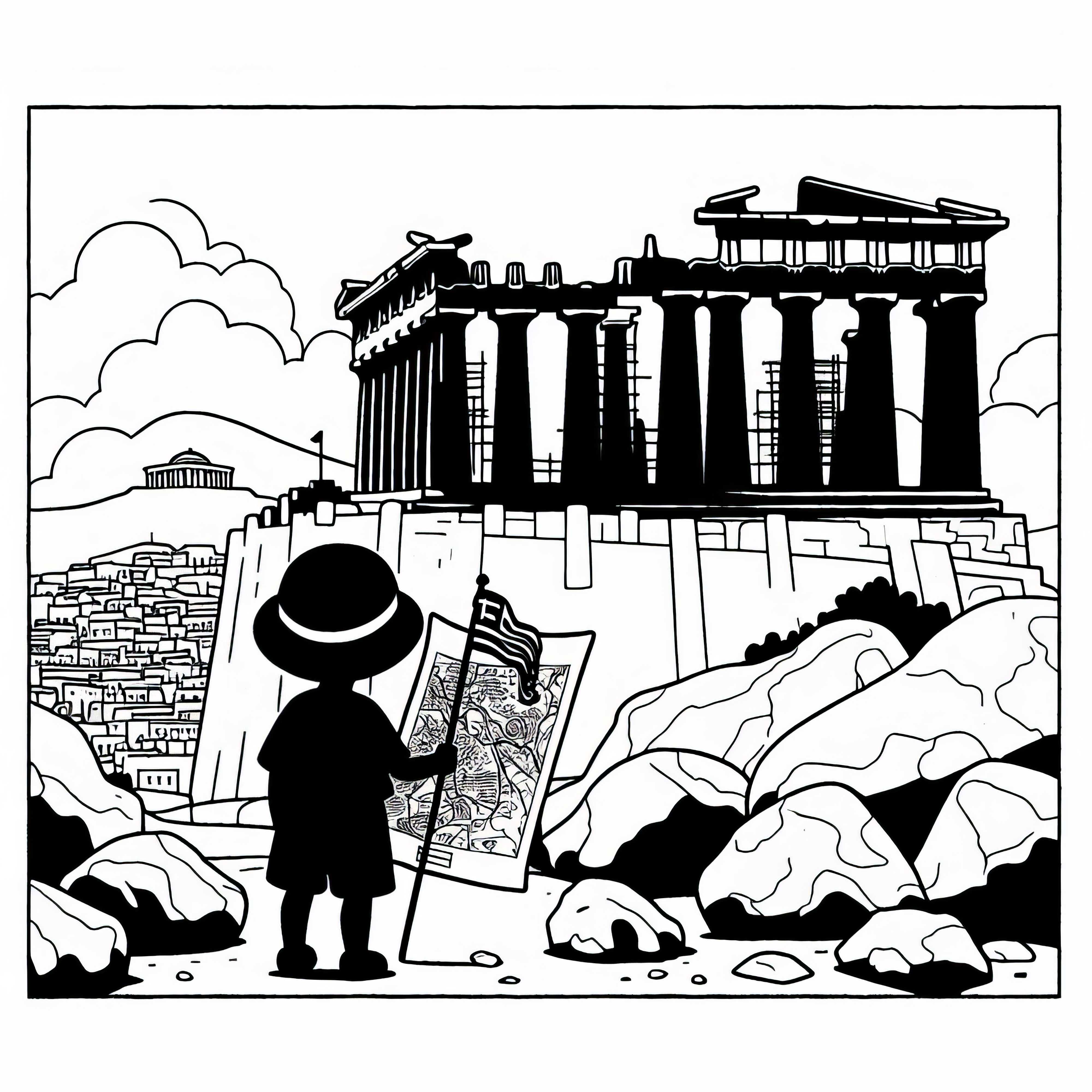 Athen: Kind betrachtet die Akropolis - Malvorlage gratis