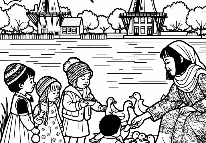 Amsterdam: Kinder füttern Enten im Park mit Blick auf Windmühlen - Malvorlage kostenlos Amsterdam: Kinder füttern Enten im Park mit Blick auf Windmühlen - Malvorlage kostenlos