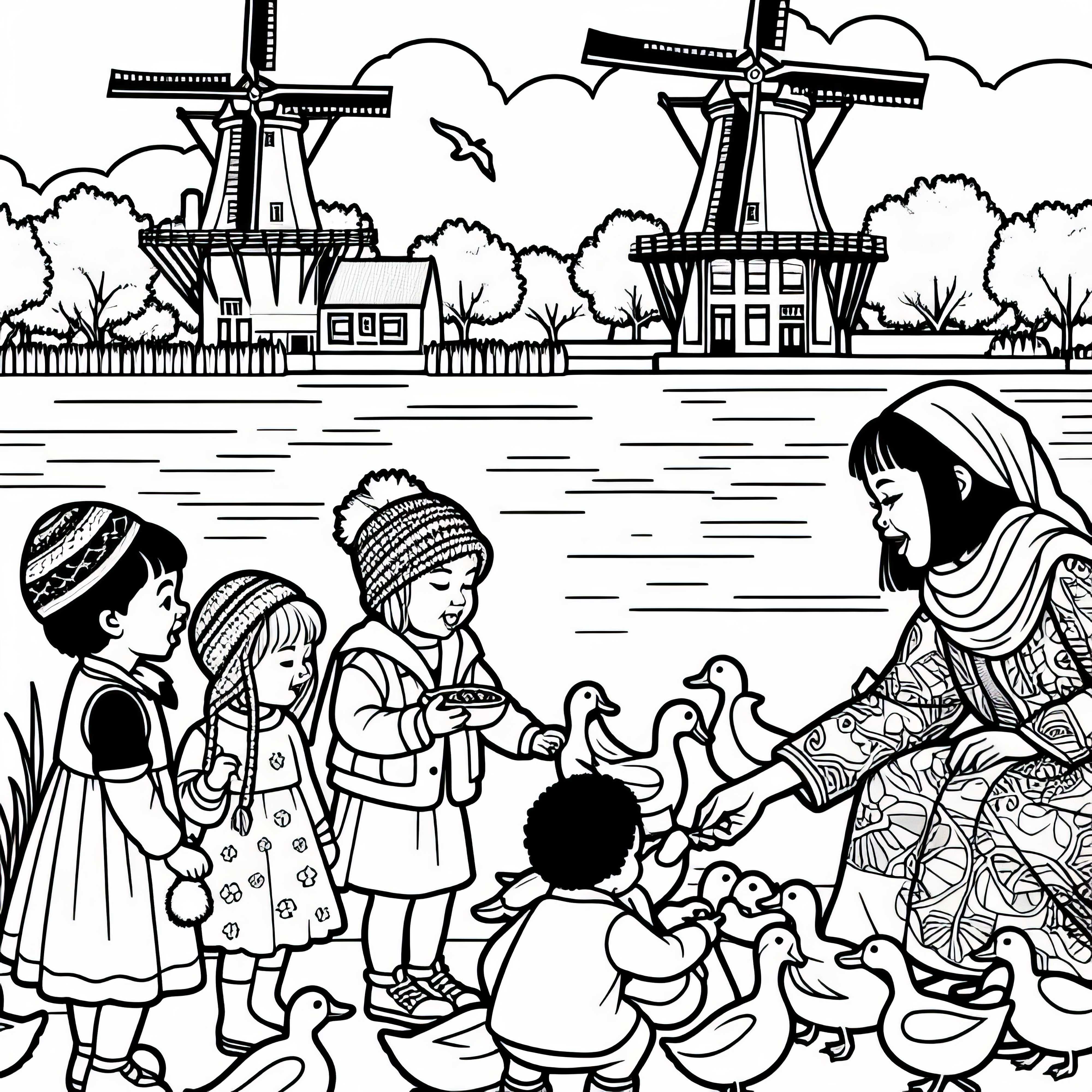 Amsterdam: Kinder füttern Enten im Park mit Blick auf Windmühlen - Malvorlage kostenlos