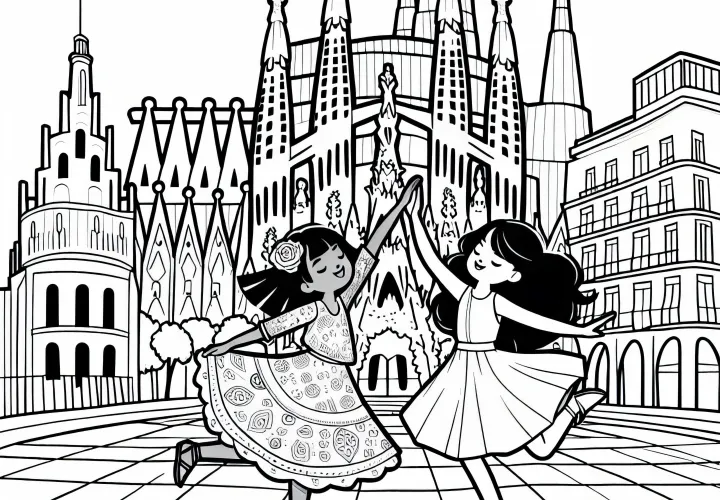 Dua gadis menari di lapangan depan Sagrada Familia – Template mewarnai gratis