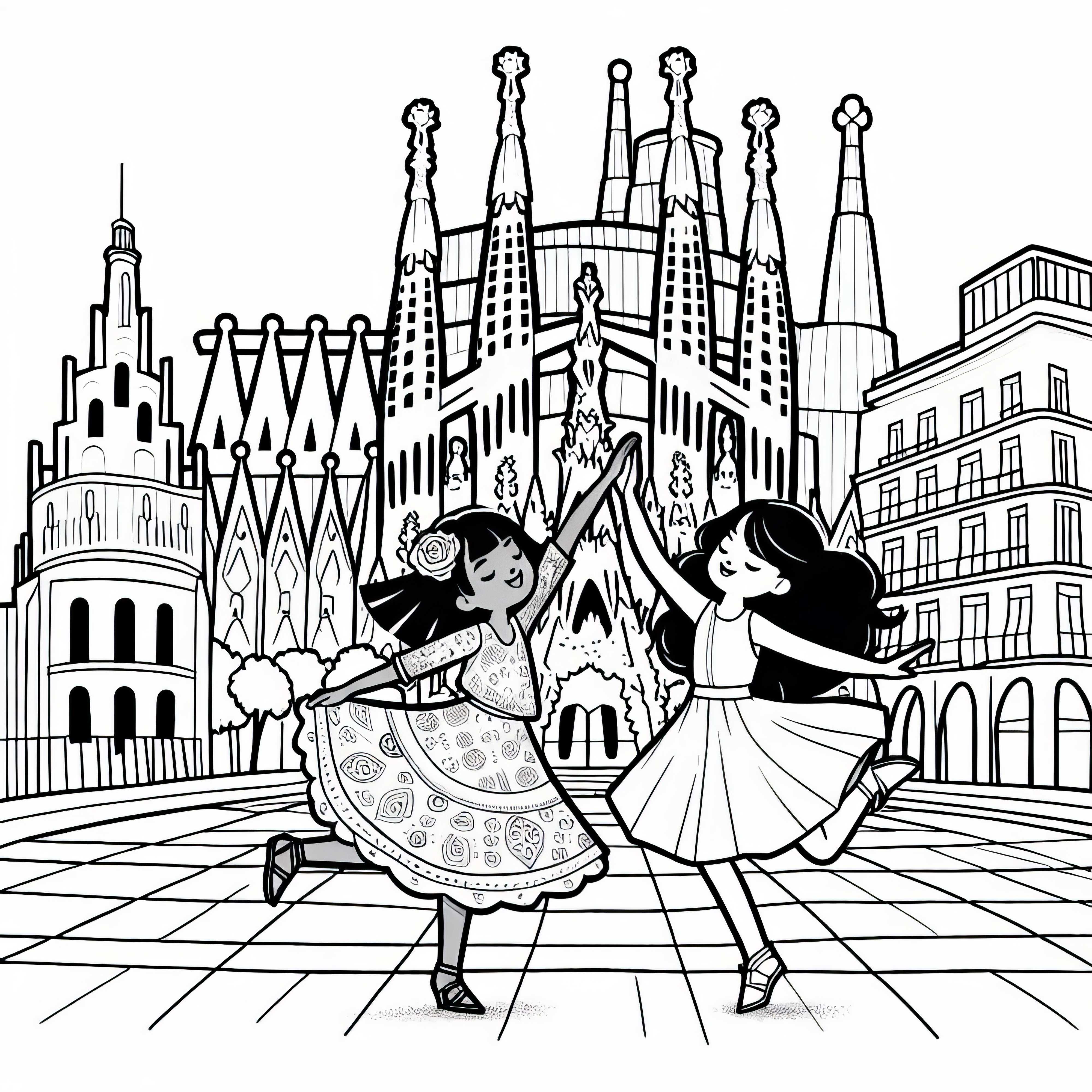 Zwei Mädchen tanzen auf dem Platz vor der Sagrada Familia – Malvorlage kostenlos