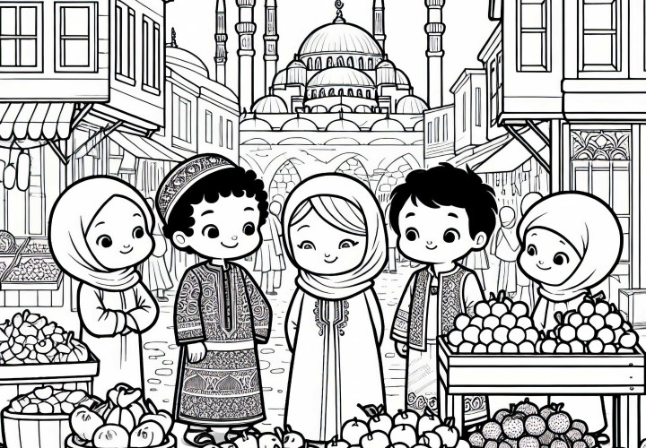 Istanbul: Kinder kaufen Obst auf dem Basar mit Blick auf Minarette – Ausmalbild kostenlos Istanbul: Kinder kaufen Obst auf dem Basar mit Blick auf Minarette – Ausmalbild kostenlos