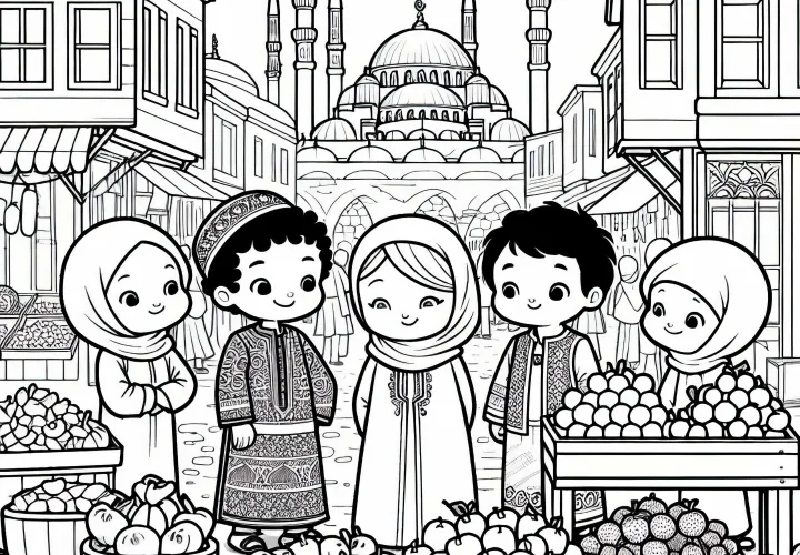 Istanbul: Anak-anak membeli buah di pasar dengan pemandangan menara – Gambar mewarnai gratis