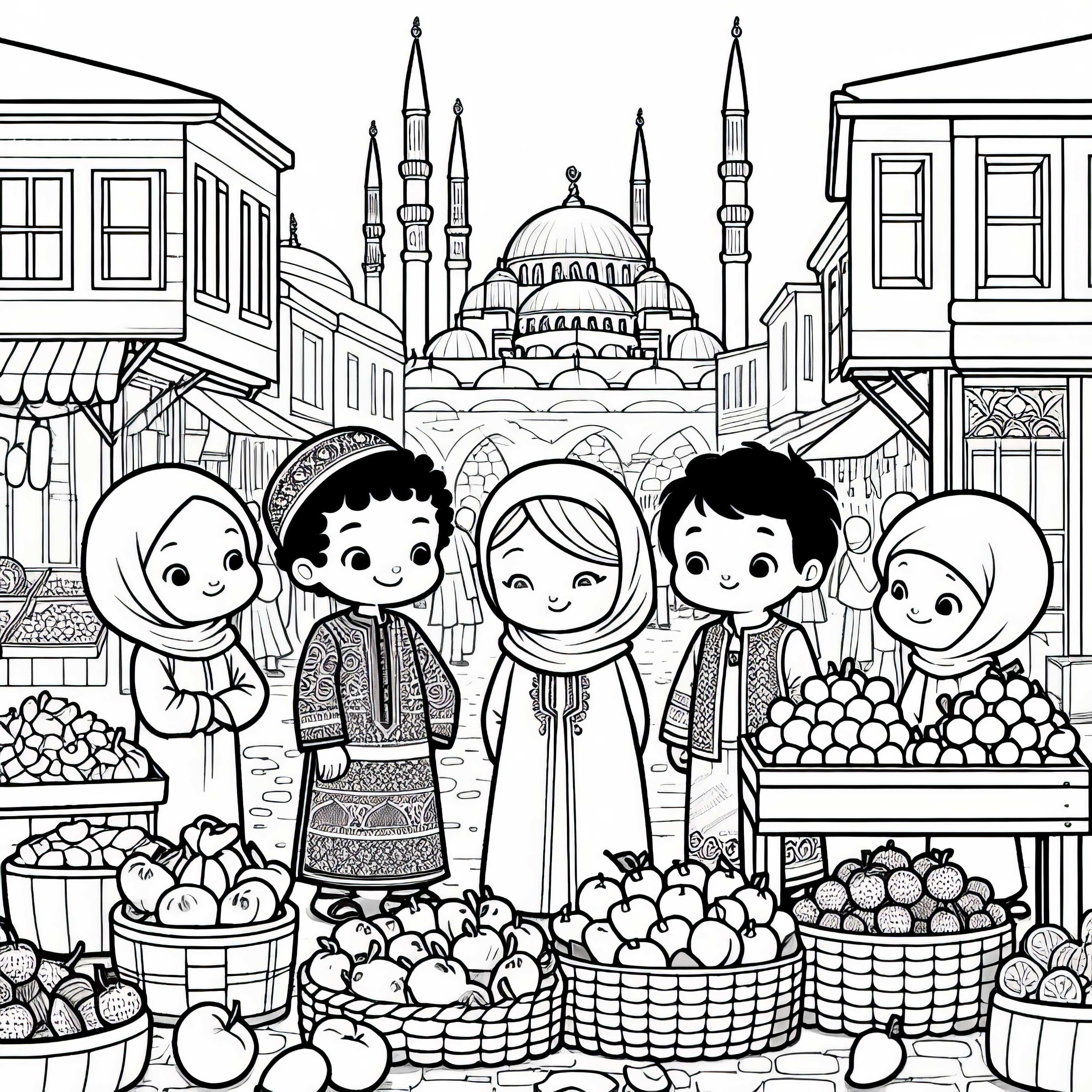 Istanbul: Kinder kaufen Obst auf dem Basar mit Blick auf Minarette – Ausmalbild kostenlos