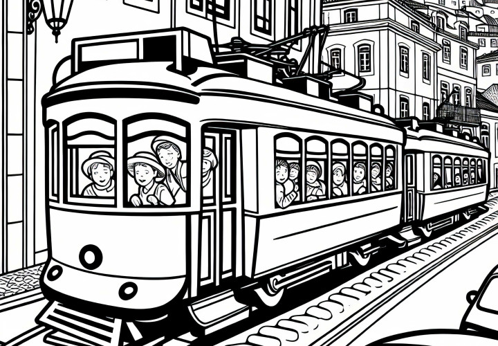 Lissabon Zug fährt durch die engen Straßen – Ausmalbild kostenlos Lissabon Zug fährt durch die engen Straßen – Ausmalbild kostenlos