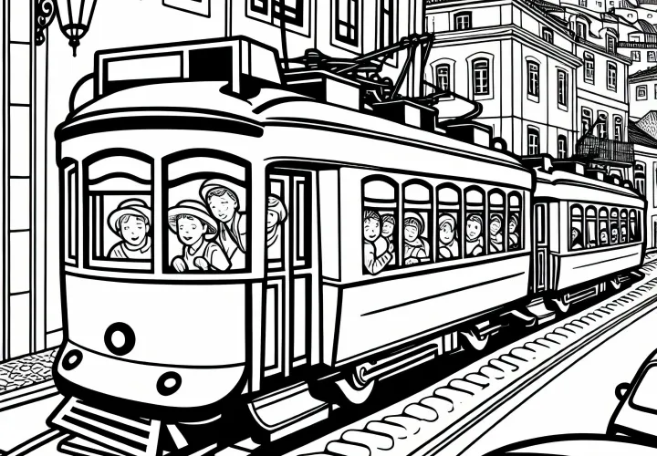 Kereta lisbon melintasi jalan-jalan sempit – Gambar untuk diwarnai gratis