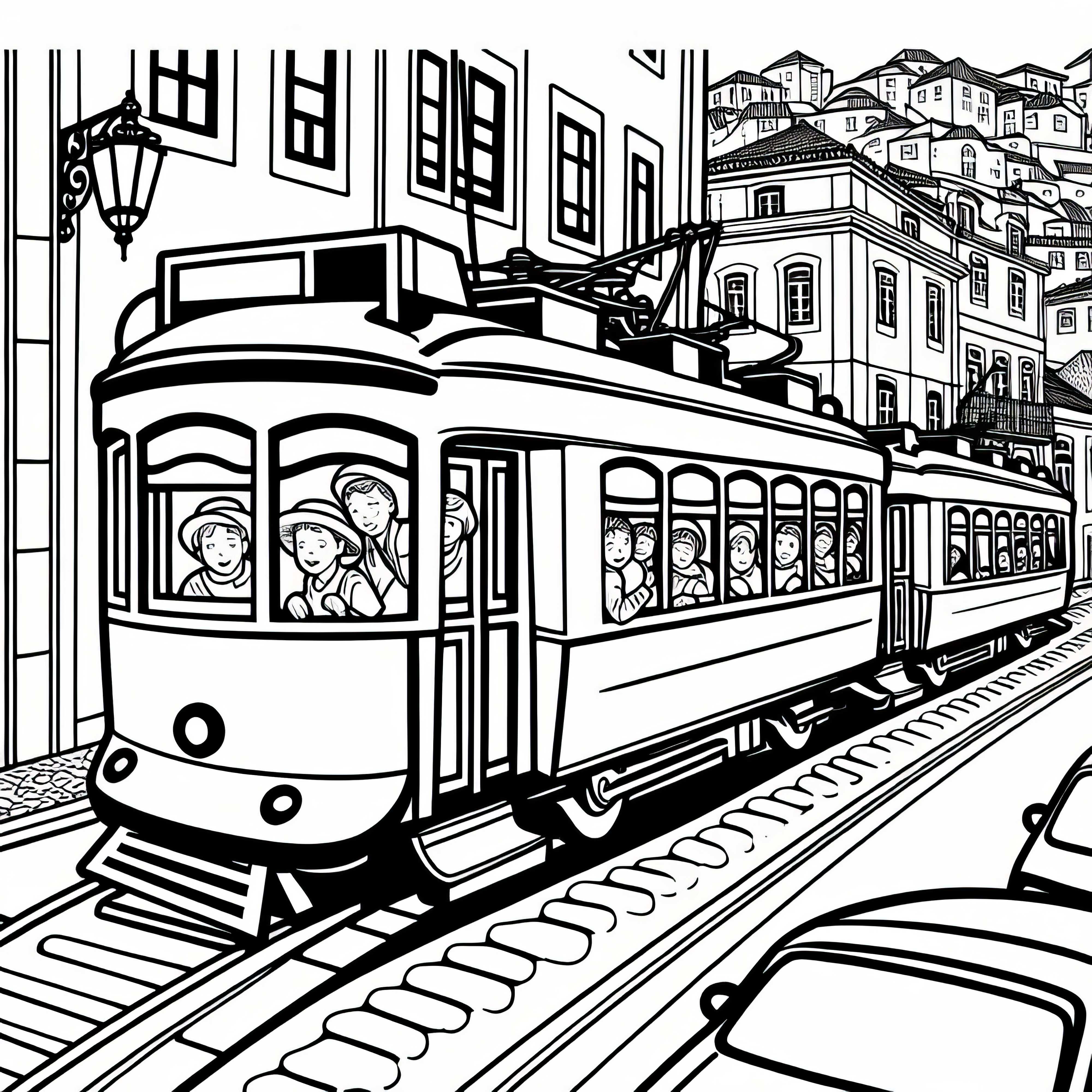 Lissabon Zug fährt durch die engen Straßen – Ausmalbild kostenlos Lissabon Zug fährt durch die engen Straßen – Ausmalbild kostenlos