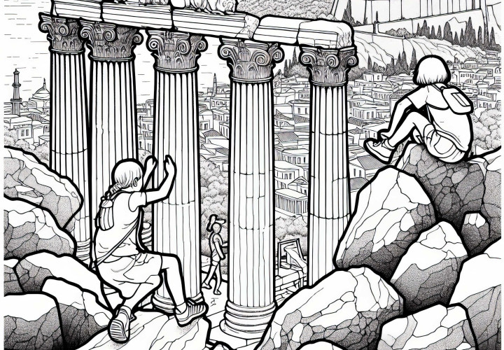 Kinder klettern auf Felsen mit Blick auf antike Säulen in Athen – Ausmalbild kostenlos Kinder klettern auf Felsen mit Blick auf antike Säulen in Athen – Ausmalbild kostenlos