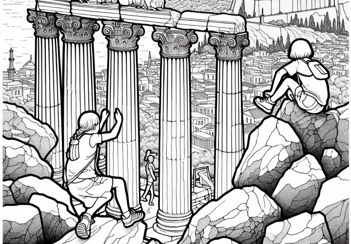 Anak-anak memanjat batu dengan pemandangan kolom kuno di Athena – Gambar mewarnai gratis