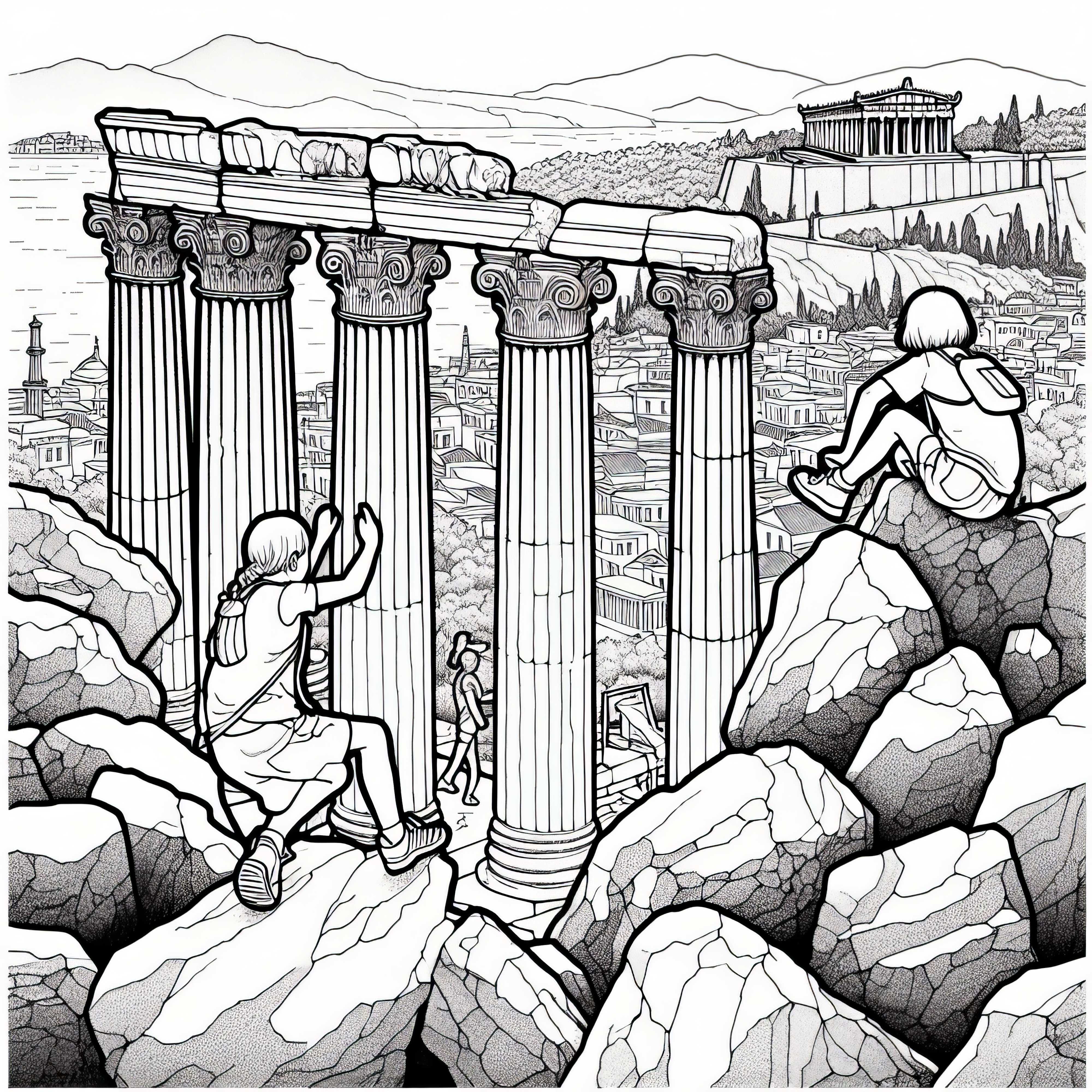 Kinder klettern auf Felsen mit Blick auf antike Säulen in Athen – Ausmalbild kostenlos