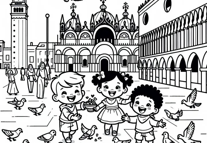 Anak-anak memberi makan burung merpati di Piazza San Marco - Template mewarnai gratis