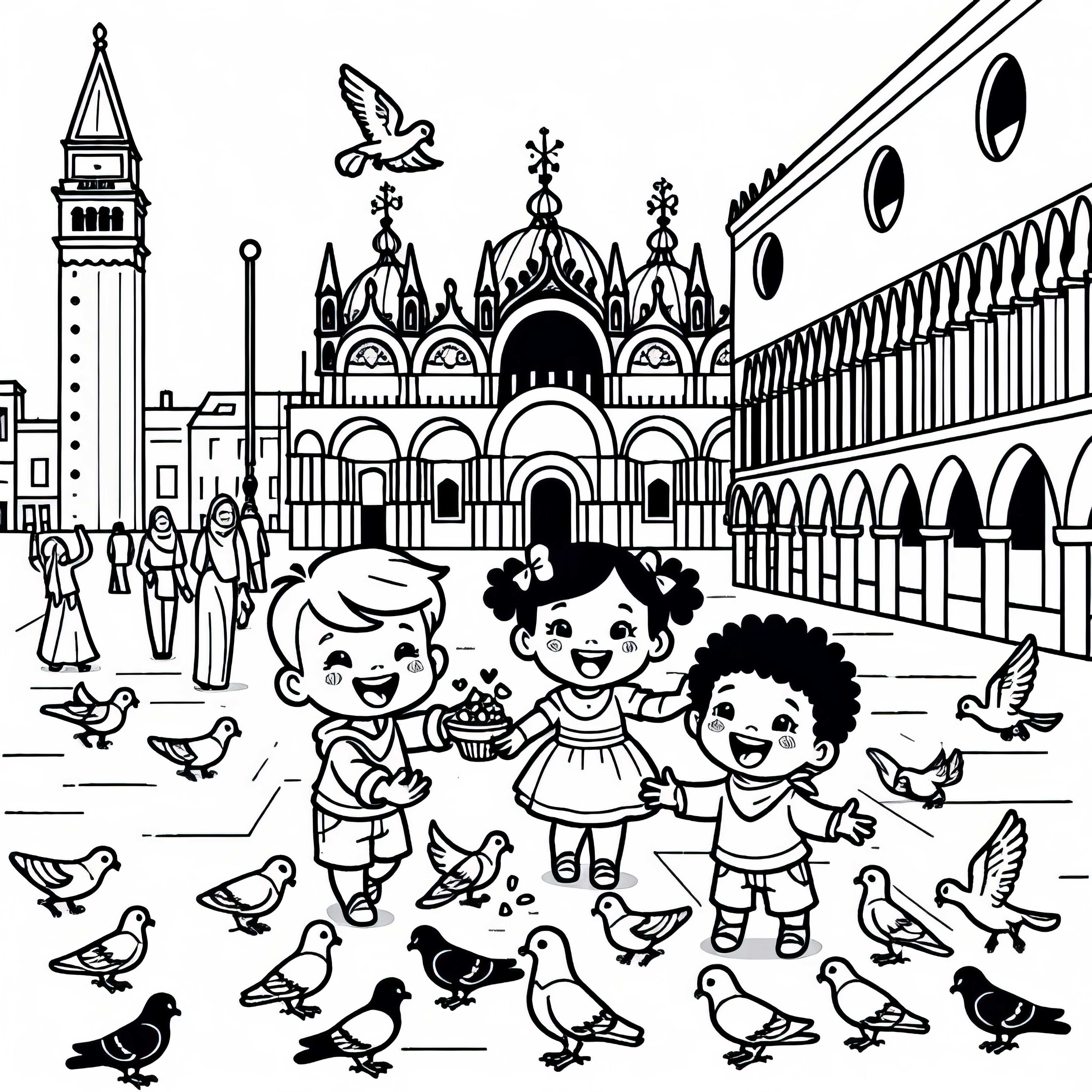 Kinder füttern Tauben auf Markusplatz – Malvorlage gratis