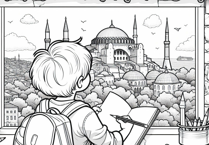 Ein Junge zeichnet die Hagia Sophia in Istanbul – Ausmalbild kostenlos Ein Junge zeichnet die Hagia Sophia in Istanbul – Ausmalbild kostenlos
