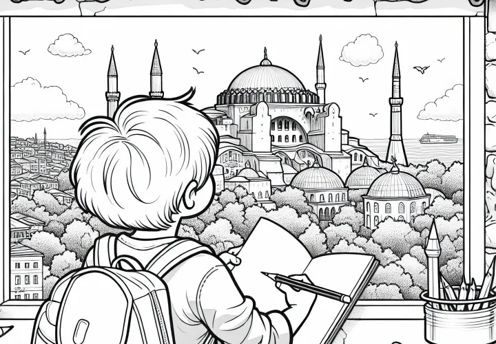 Seorang anak laki-laki menggambar Hagia Sophia di Istanbul - Gambar untuk diwarnai gratis