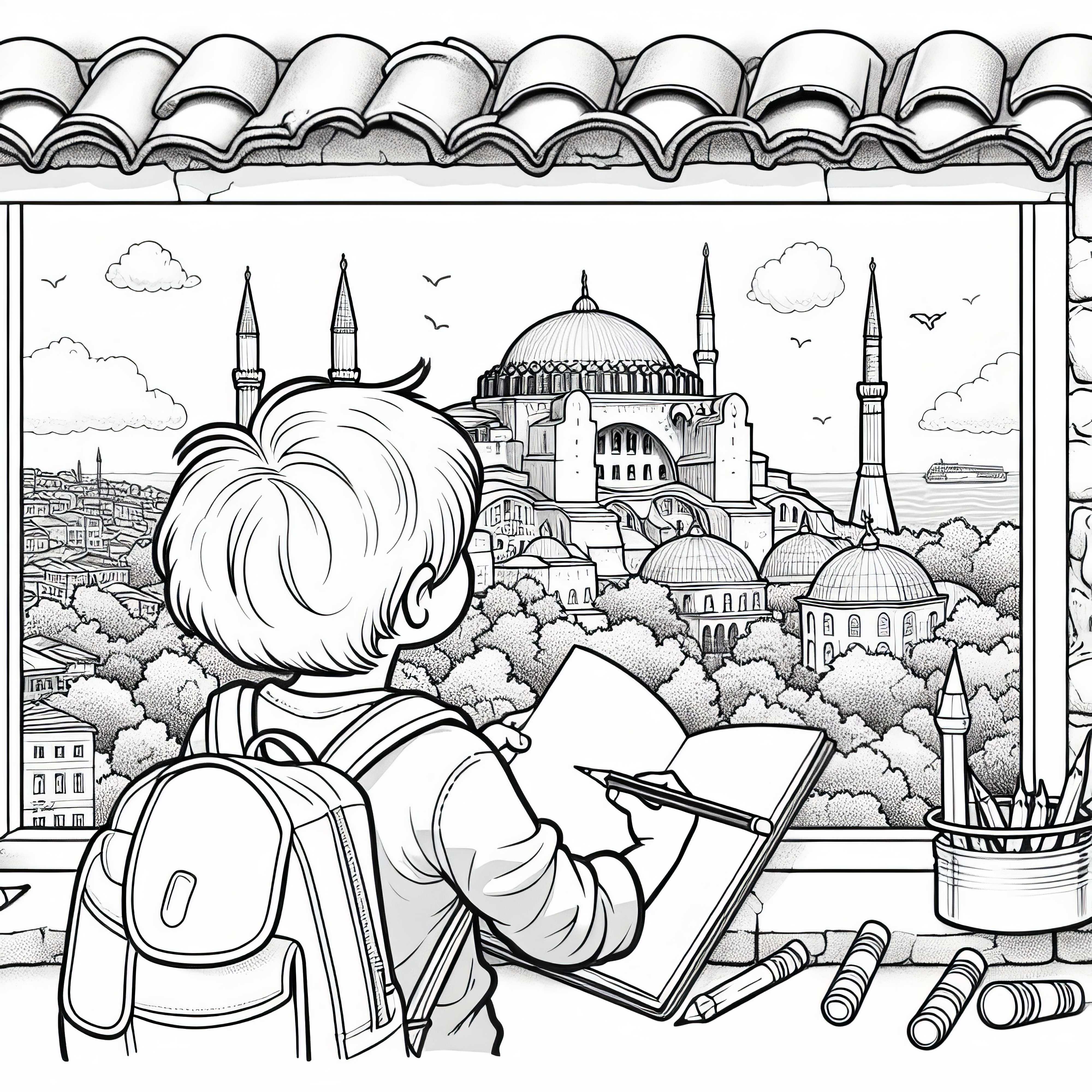 Ein Junge zeichnet die Hagia Sophia in Istanbul – Ausmalbild kostenlos