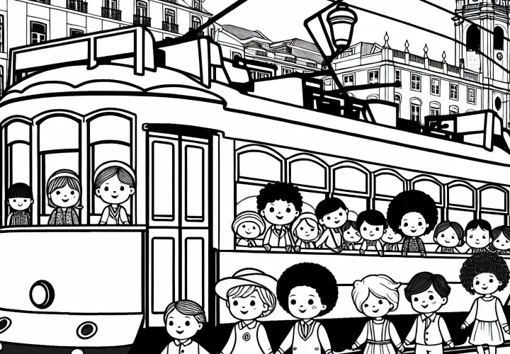 Lisbon: Anak-anak naik ke salah satu trem tua - Gambar mewarnai gratis
