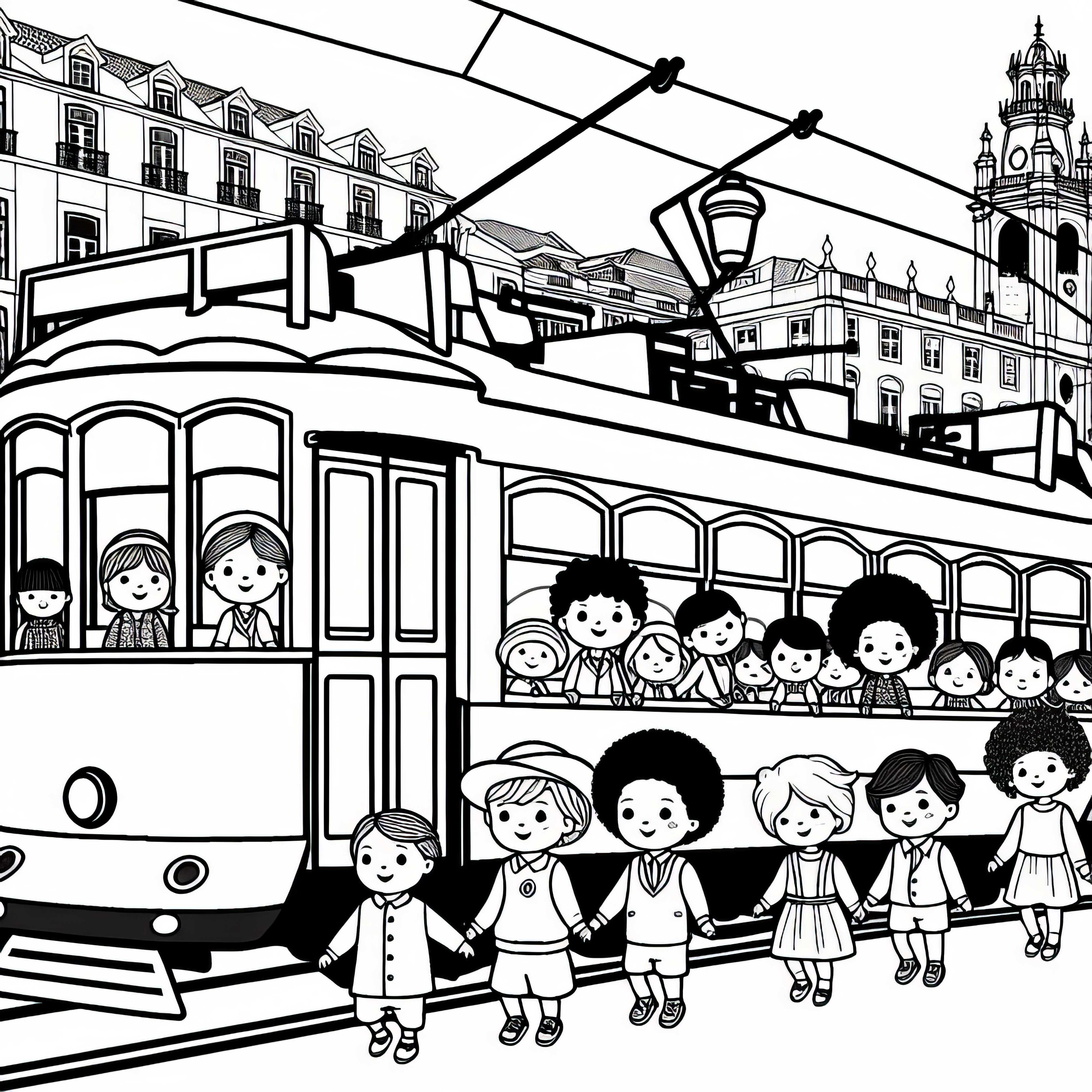 Lissabon: Kinder steigen in eine der alten Straßenbahnen – Ausmalbild gratis