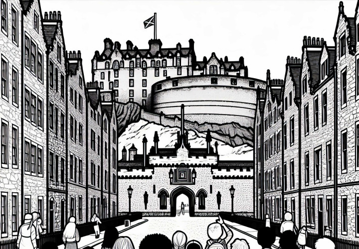 Kinder laufen über Kopfsteinpflaster und schauen auf das Castle – Ausmalbild gratis Kinder laufen über Kopfsteinpflaster und schauen auf das Castle – Ausmalbild gratis