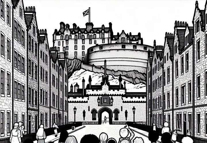 Anak-anak berlari di atas batu bata dan melihat ke arah kastil – Gambar untuk diwarnai gratis