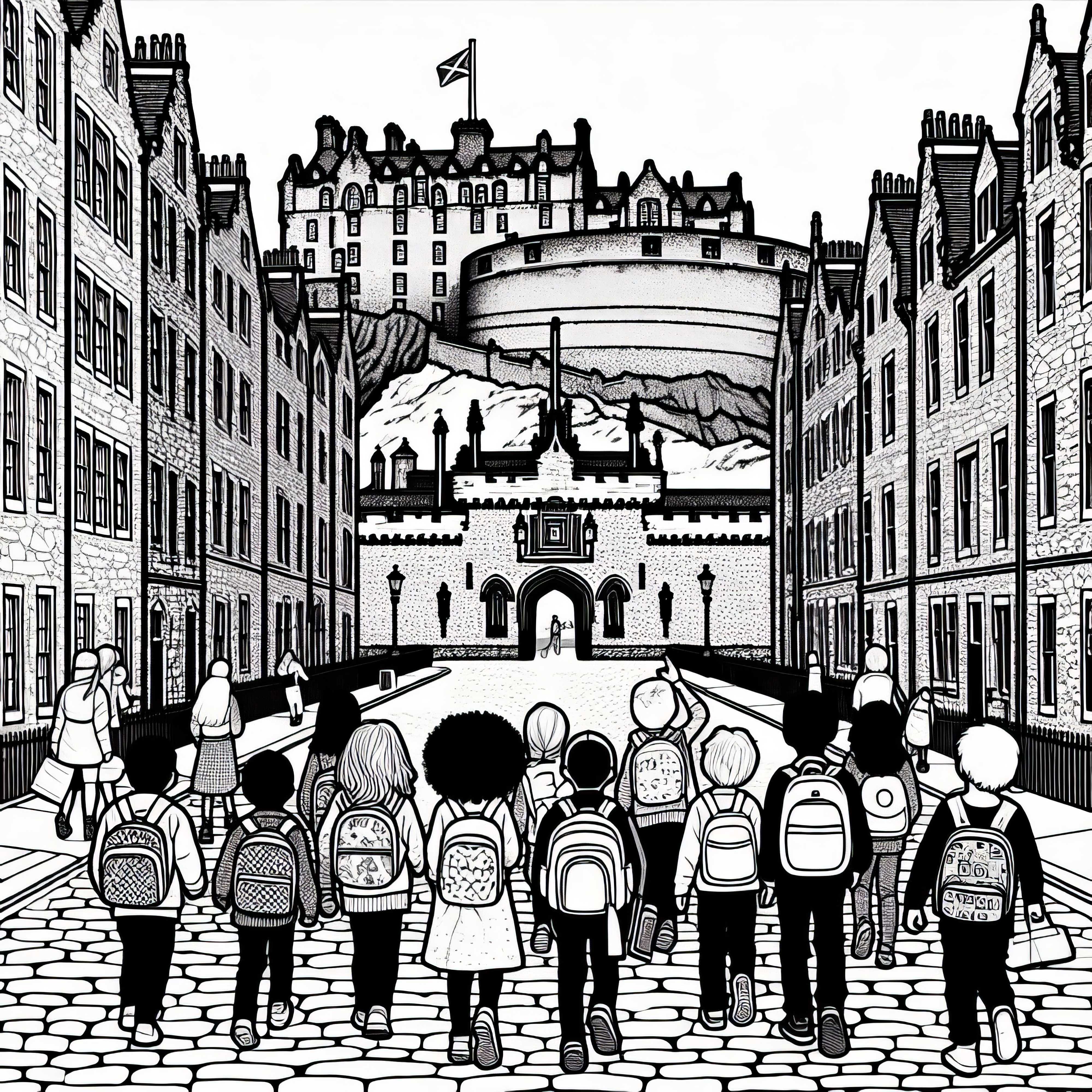 Kinder laufen über Kopfsteinpflaster und schauen auf das Castle – Ausmalbild gratis