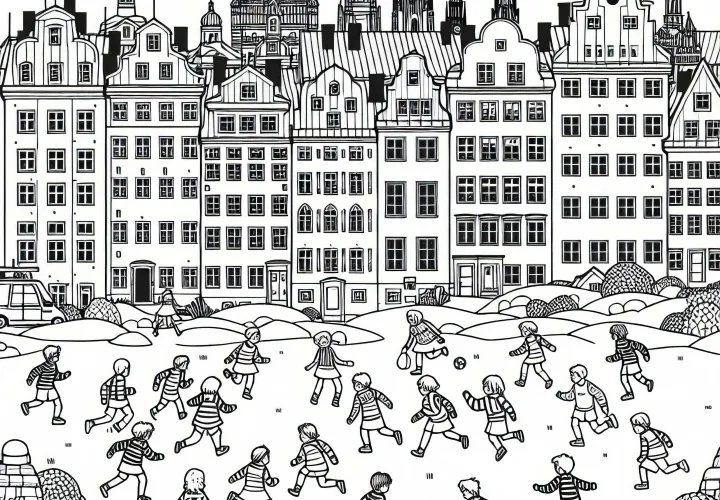 Anak-anak Bermain Kejar-Kejaran di Depan Rumah – Gambar Untuk Diwarnai Gratis