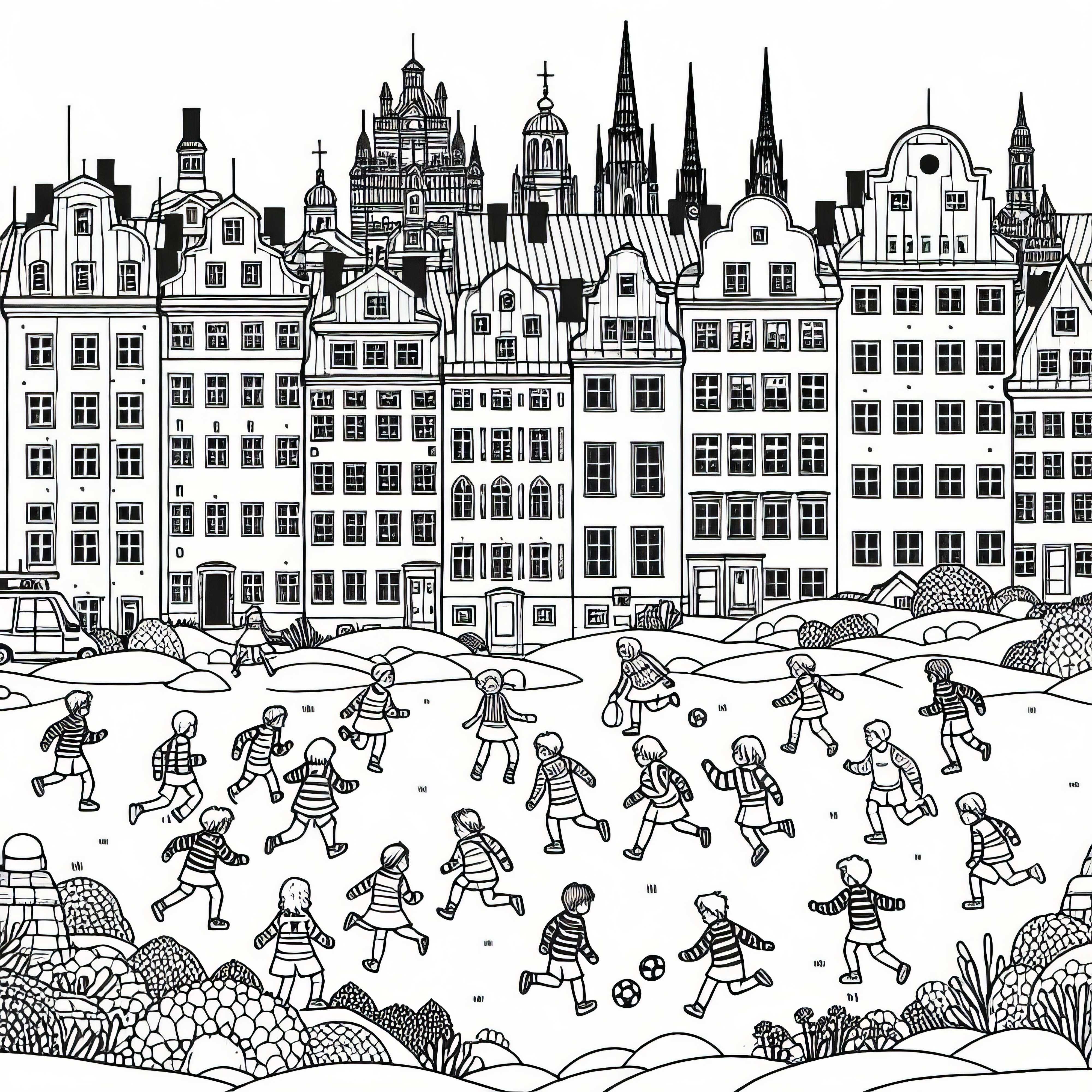 Kinder Spielen Fangen Vor Häusern – Ausmalbild Kostenlos