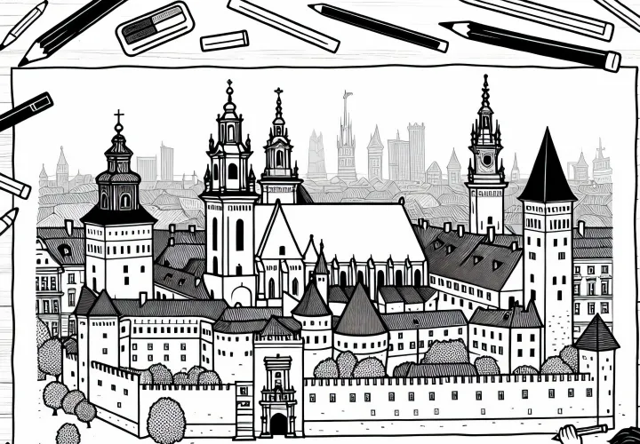 Krakau Kinder Zeichnen Wawel Schloss auf Großes Blatt Papier – Ausmalbild Kostenlos