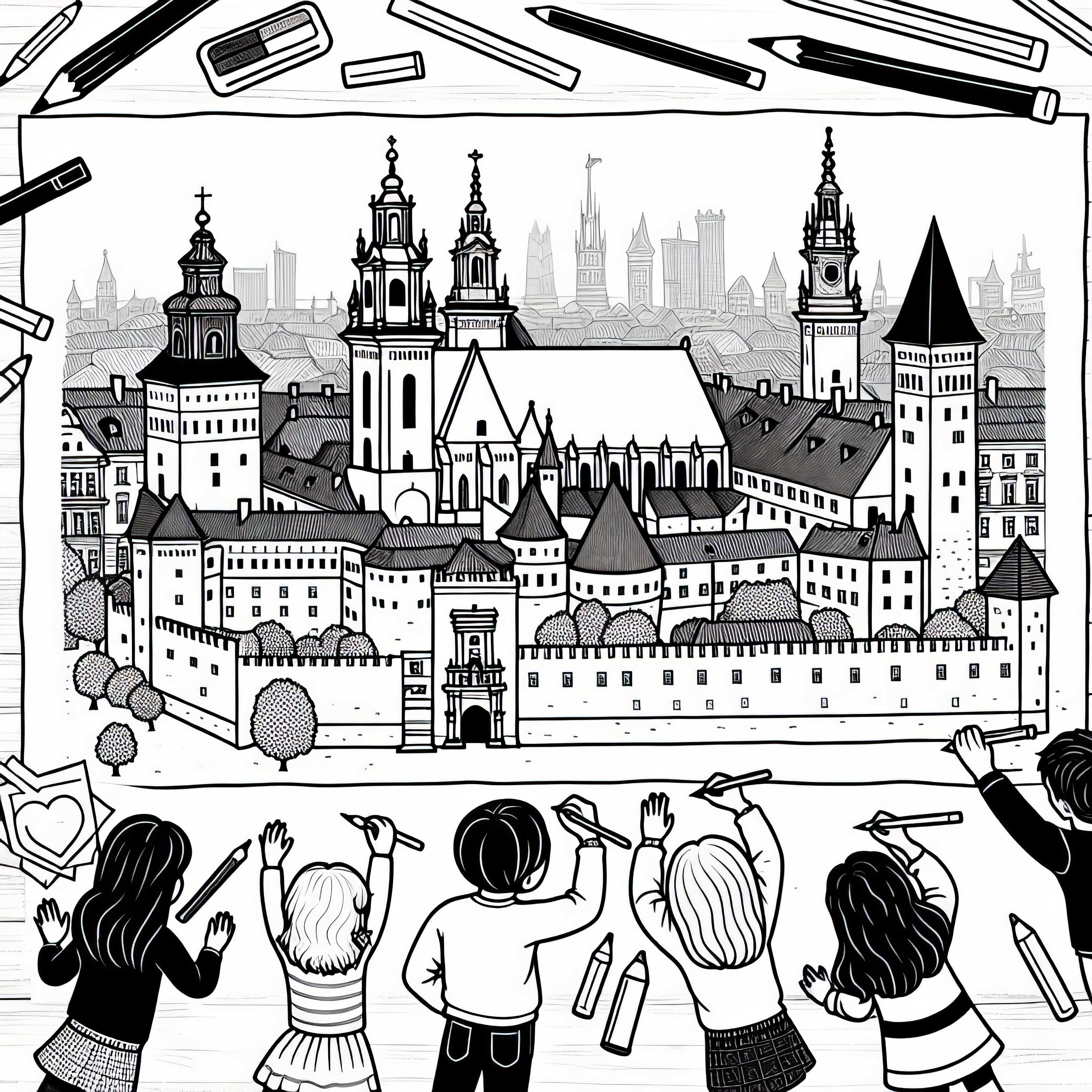Krakau Kinder Zeichnen Wawel Schloss auf Großes Blatt Papier – Ausmalbild Kostenlos