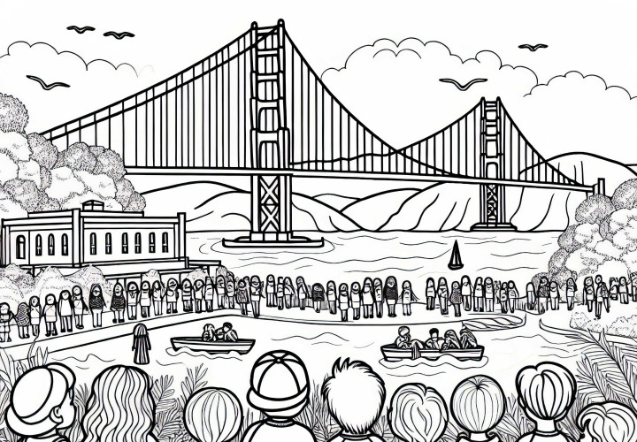 Kinder betrachten die Golden Gate Bridge – Ausmalbild gratis Kinder betrachten die Golden Gate Bridge – Ausmalbild gratis