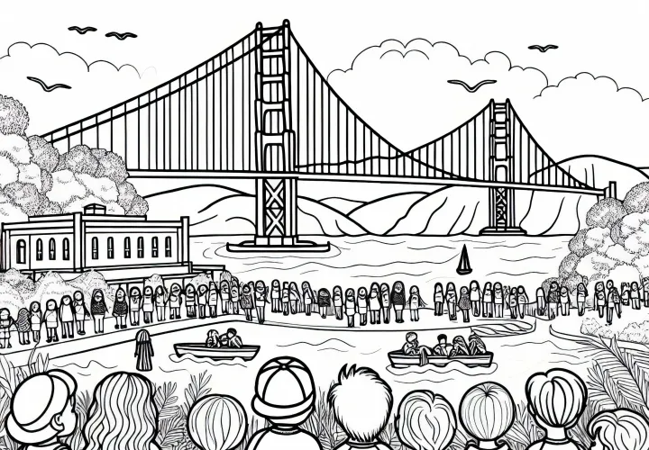 Anak-anak melihat Jembatan Golden Gate – Gambar mewarnai gratis