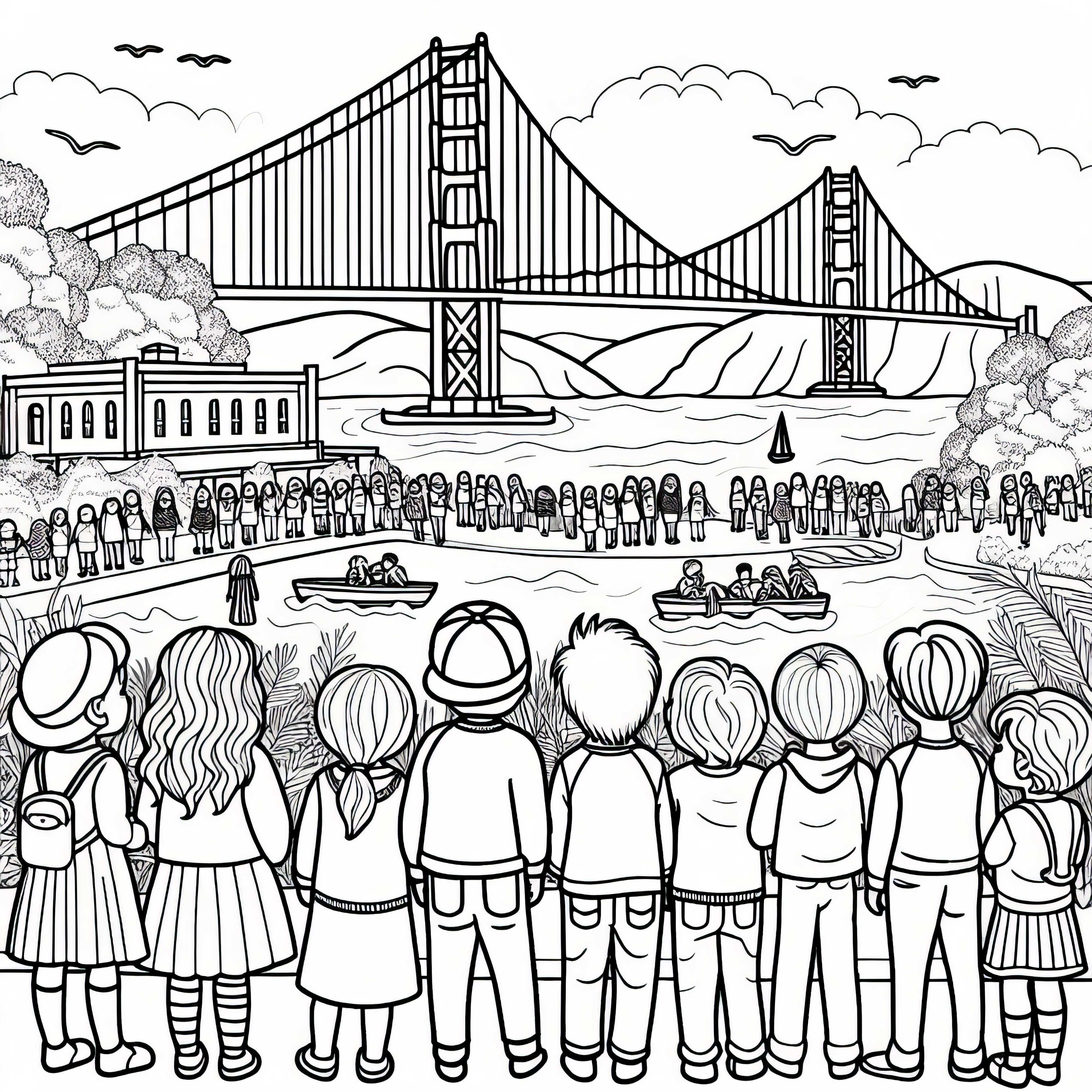 Kinder betrachten die Golden Gate Bridge – Ausmalbild gratis