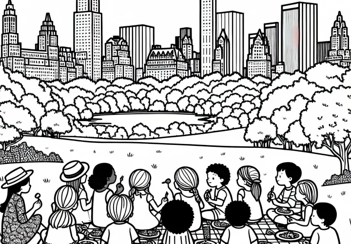 Anak-anak Duduk di Atas Selimut Piknik di Central Park - Template Mewarnai Gratis