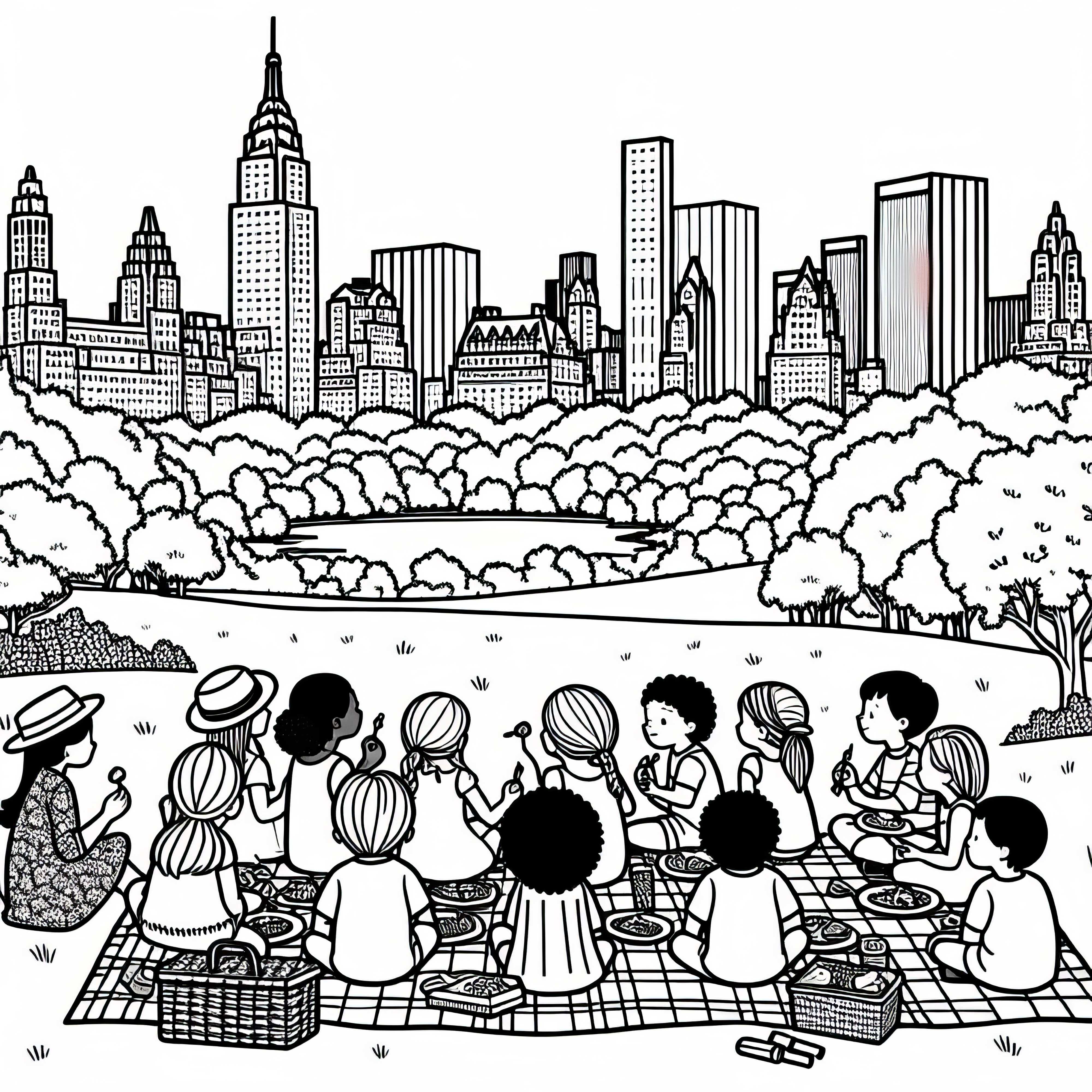 Kinder Sitzen Auf Picknickdecke Im Central Park - Malvorlage Kostenlos