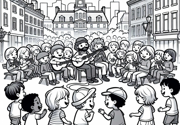 Kinder bestaunen Musikanten in der Altstadt von Montreal – Ausmalvorlage kostenlos Kinder bestaunen Musikanten in der Altstadt von Montreal – Ausmalvorlage kostenlos