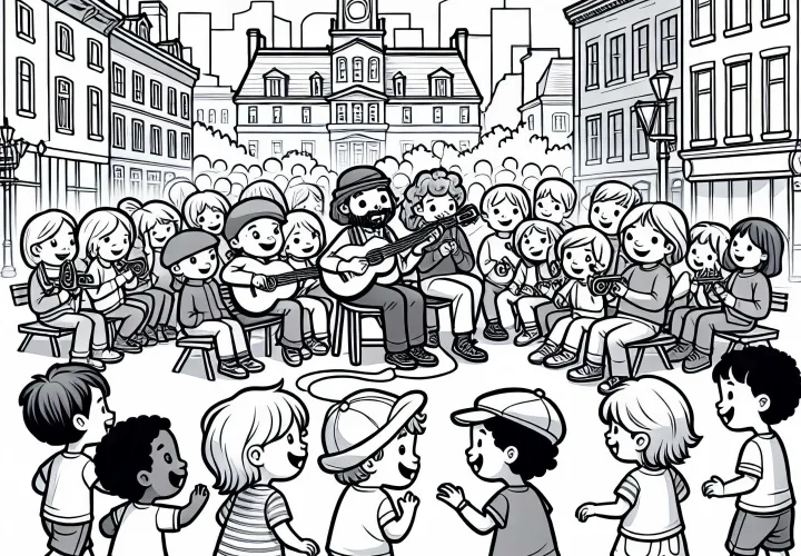 Anak-anak mengagumi musisi di kota tua Montreal - Template mewarnai gratis