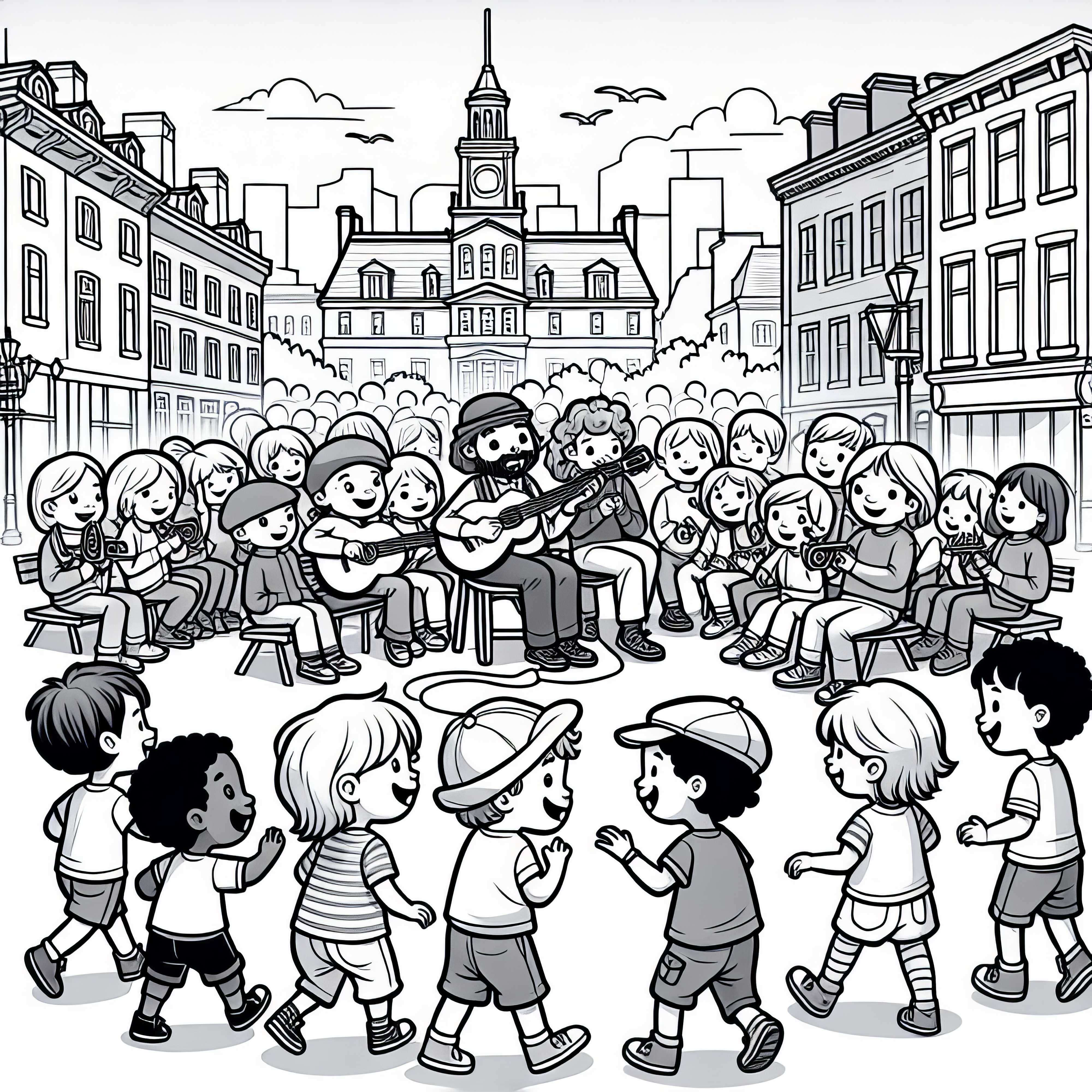 Kinder bestaunen Musikanten in der Altstadt von Montreal – Ausmalvorlage kostenlos