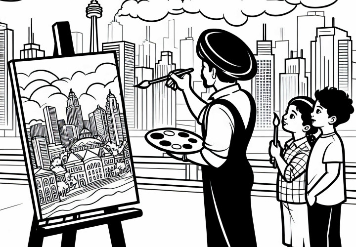 Toronto Straßenkünstler malt Stadtbild – Ausmalbild gratis Toronto Straßenkünstler malt Stadtbild – Ausmalbild gratis