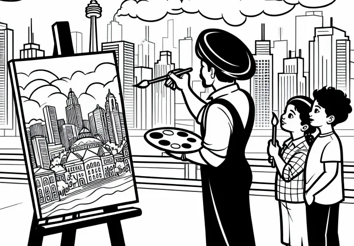 Toronto Straßenkünstler malt Stadtbild – Ausmalbild gratis