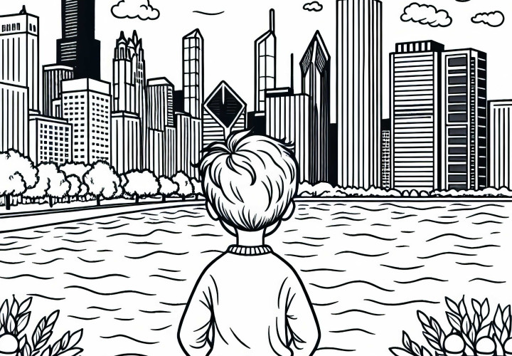 Junge betrachtet die Skyline von Chicago am Flussufer – Ausmalvorlage Gratis Junge betrachtet die Skyline von Chicago am Flussufer – Ausmalvorlage Gratis