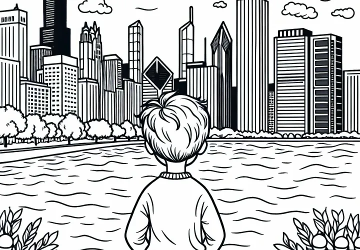 Anak laki-laki melihat cakrawala Chicago di tepi sungai - Halaman mewarnai gratis