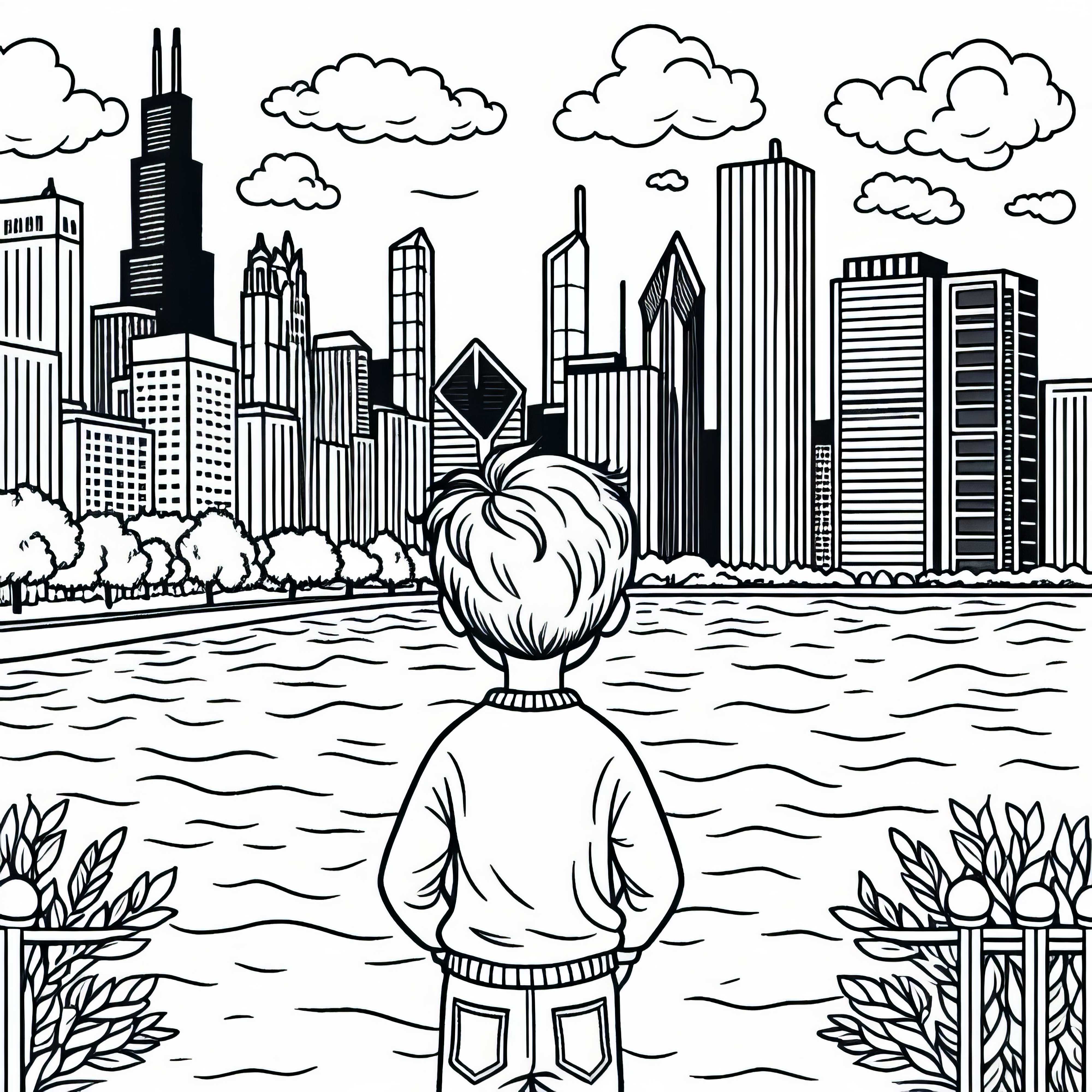 Junge betrachtet die Skyline von Chicago am Flussufer – Ausmalvorlage Gratis